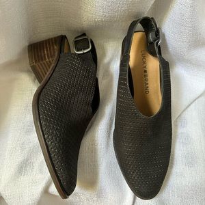 Lucky Brand Lideton Perforated Black Leather Slip On Mule